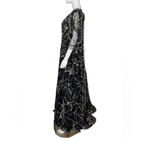 Mac Duggal Black Embellished Gathered Puff Sleeve Faux Wrap Gown 20428 Women’s - Picture 4 of 10